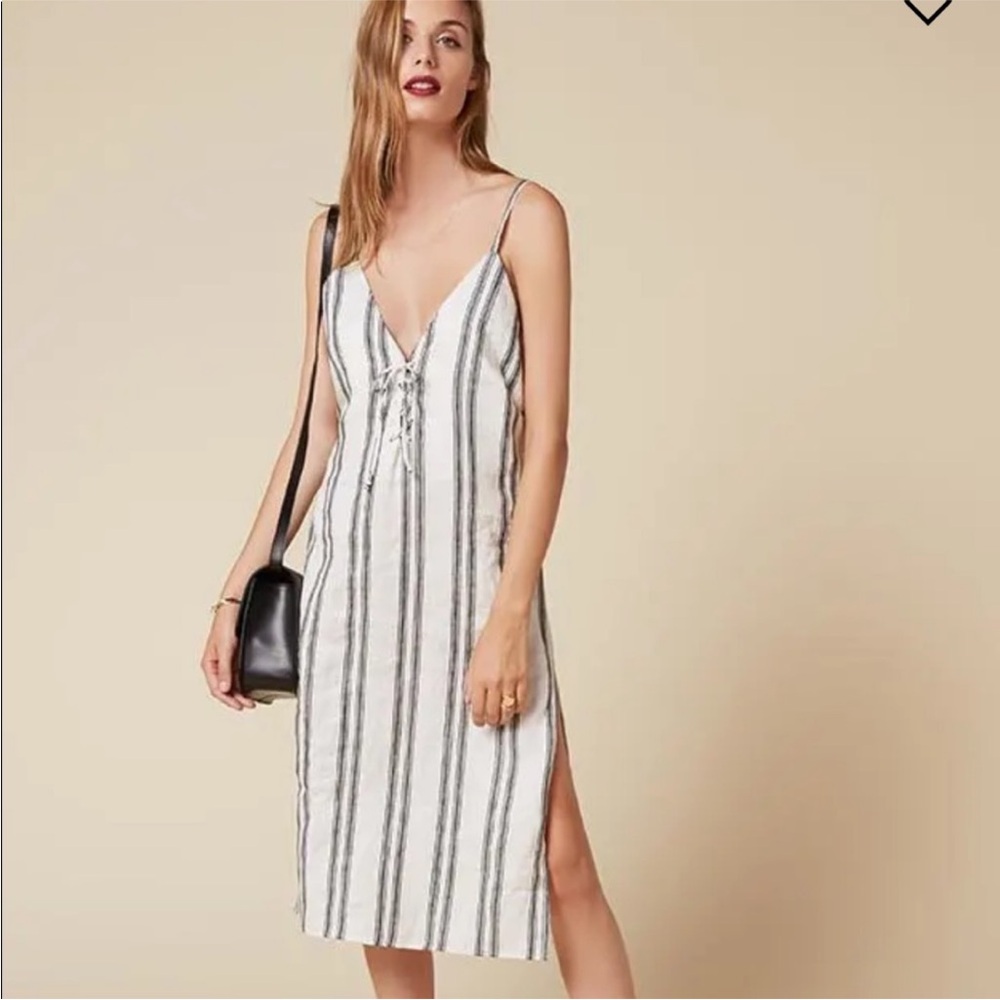 Reformation Carmen Lace Up Dress in Black and White Stiped. Size X-Small.